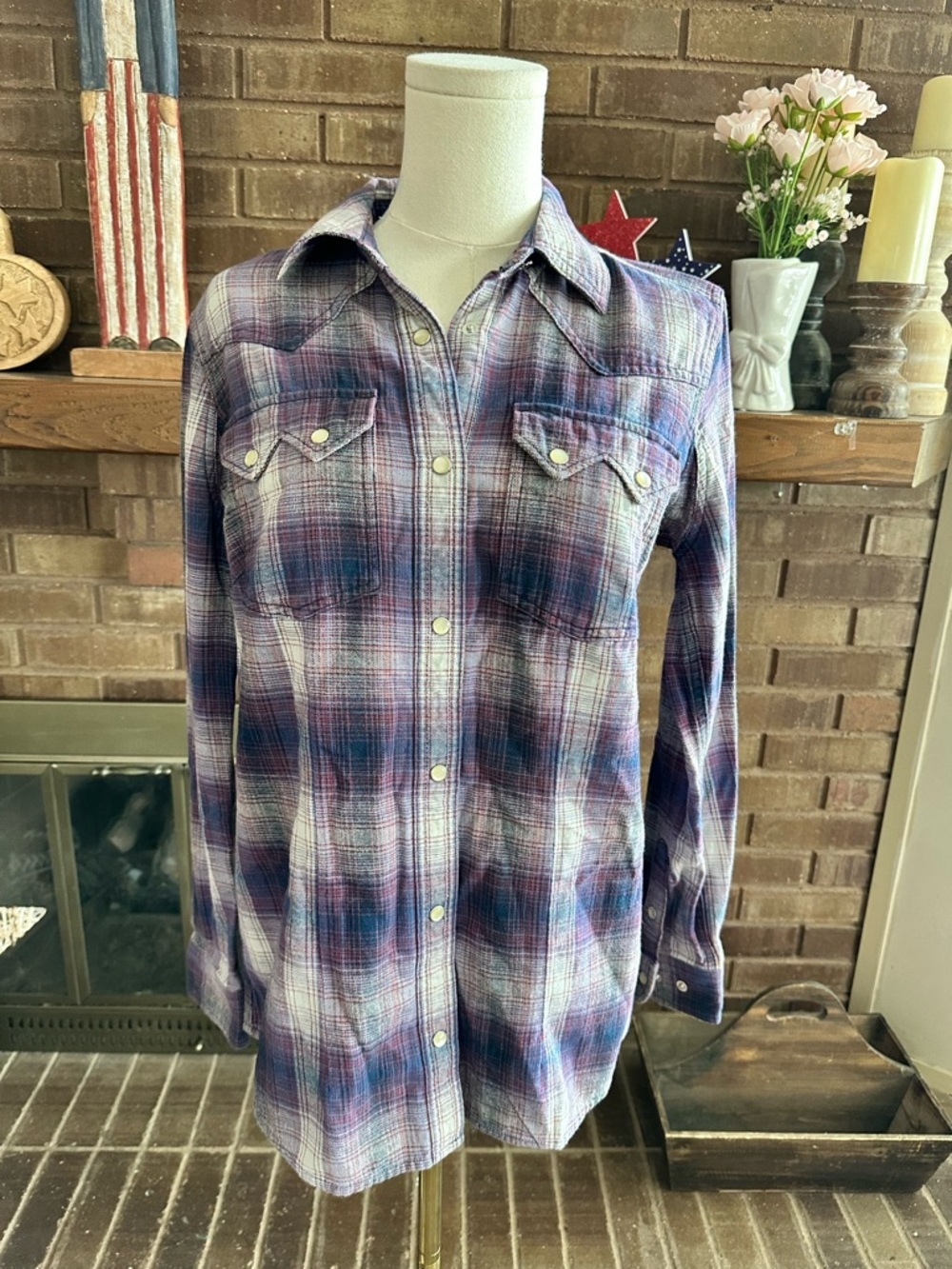Duluth Trading Co Purple Plaid Western Snap Flannel Shirt Size L